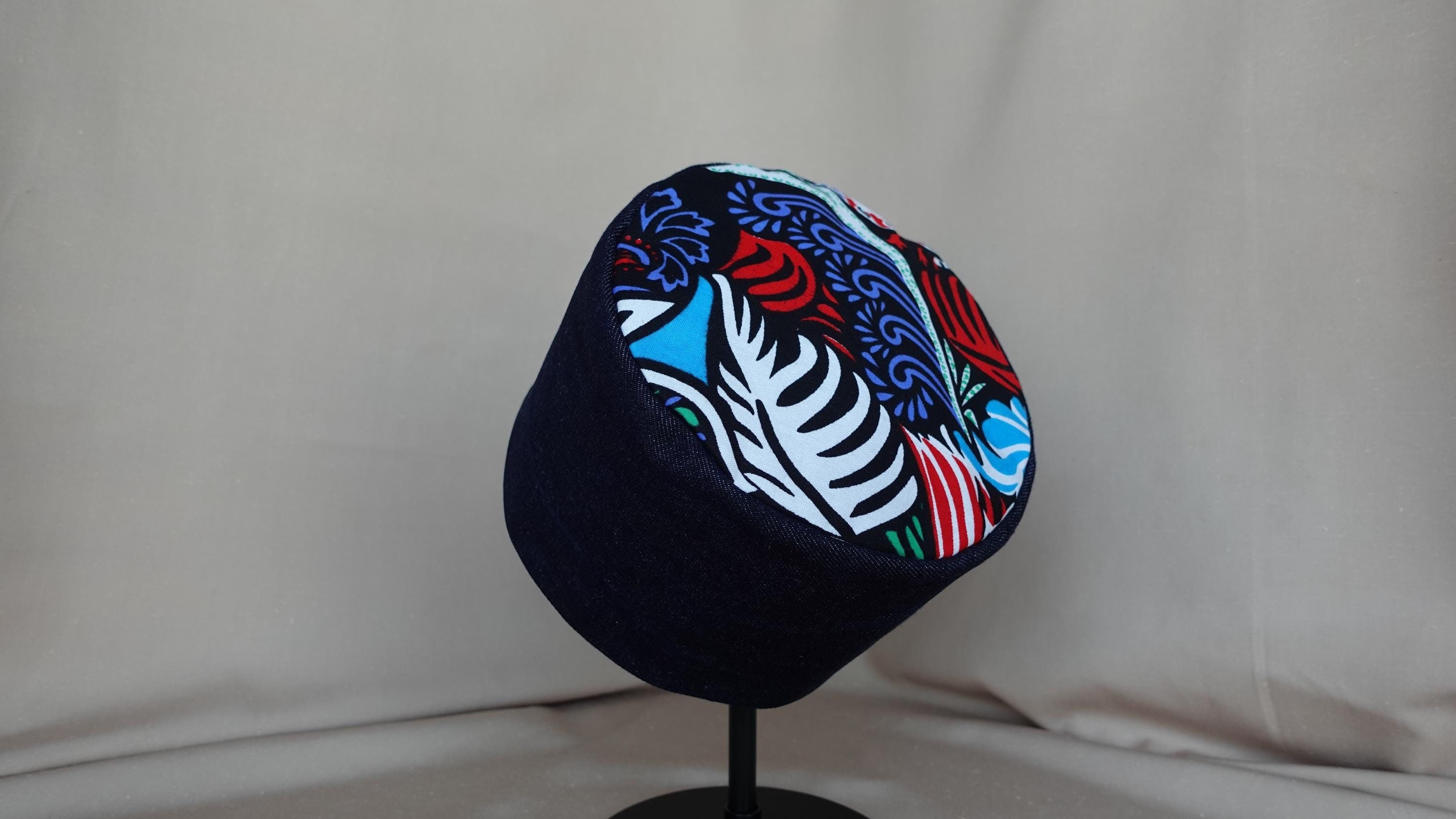 Vibrant Denim Kufi Hat With African Print Accent - Handmade  display picture 3