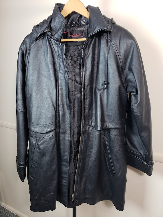 Phase 2 Black Leather Coat M Detachable Hood Lining Perfect for East Coast Winters Pristine Condition Padded Shoulders Etsy