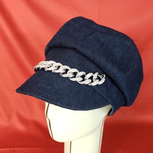 Denim Newsboy Cap with Silver Rhinestone Chainlink