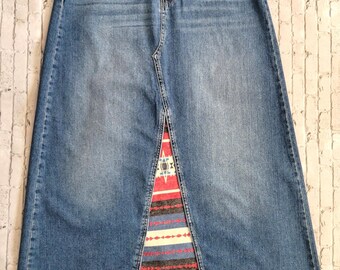 Maxi denim skirt with Aztec design panel insert, Western design maxi denim skirt, Boot length, five pocket denim skirt with Western design.