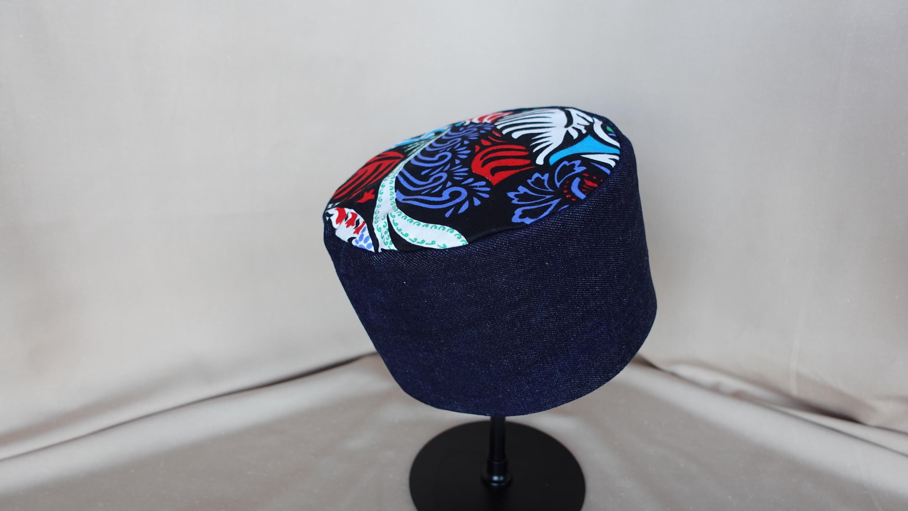 Vibrant Denim Kufi Hat With African Print Accent - Handmade 