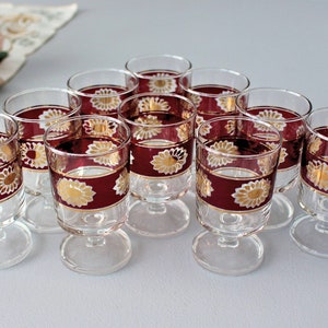 Vintage Luminarc Cordial or Liquor Glasses: Ruby Red & Gold Sunburst, Set of 10