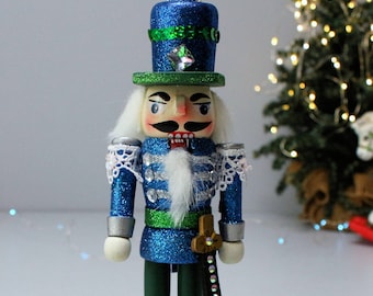 Vintage Blue Glitter Nutcracker, 8.5" Embellished Wooden Guard Figurine