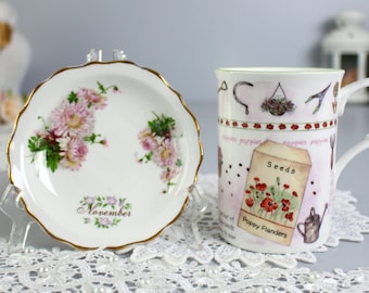 REGENCY Mug & November Saucer, Rose of England, Coaster, Teabag Holder, Porcelain Ceramics, Bone China, Birthday Gift, Coffee Mug