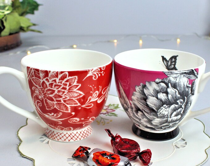PORTOBELLO by INSPIRE Two Large Mugs, Vintage Fine Bone China, White Pink Red Flowers Coffee Tea