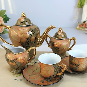 Brown Gold Leaf Ceramic Tea Set, Teapot, Cups, Sugar Bowl and Creamer
