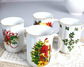 Vintage Christmas Mugs, Set of 4, Fine Porcelain, Ace Gift Collection, Christmas Gift Idea, Holiday Coffee Tea Mugs, Mugs in Box, Perfect