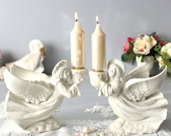 Candelabros de ángel de porcelana blanca mate, centro de mesa navideño vintage