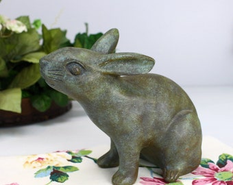 Vintage Rabbit Figurine, Garden Rabbit, Hand Painted, Easter Décor, Medium Dark Green Bunny, Heavy Resin, Inside Outside Decoration