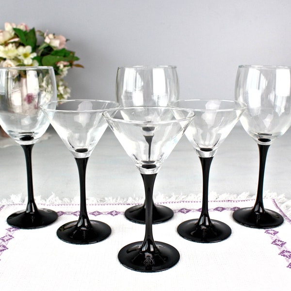 LUMINARC Large 12oz Wine & Martini Classic Vintage Glasses, France Drinkware, Black Stems, Mix Elegant Beautiful Retro Barware, Replacement