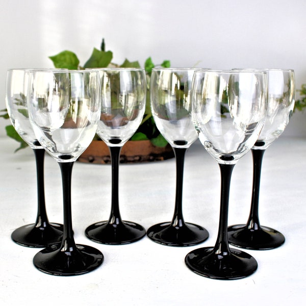 LUMINARC Wine Glasses, 7oz Classic Vintage Glasses, France Drinkware, Black Stems Glasses, Elegant Wine Glasses, Beautiful Retro Barware