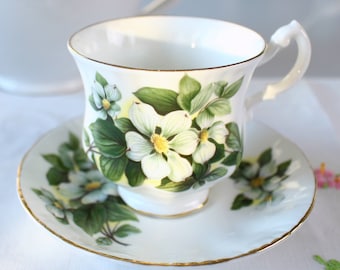 Queen Anne Teacup and Saucer: Fine Bone China, White Flowers, Gold Trim
