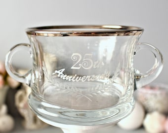 25th Anniversary Glass Dessert Bowl, Sugar Wedding Bowl, Silver Glass Bowl, Candy Dish, Silver Gift for Parents, Silver Wedding, Vintage