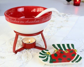 Chocolate Fondue Ceramic Red Bowl Ladle Spoon & Spoon Rest Set, Wrought Iron base Tealight Stand, Small Dipping Bowl, New Vintage Condition