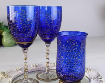 Vintage Cobalt Blue Gold Filigree Wine Glasses & Tumbler, Hand Painted