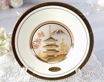 Japanese Chokin Art Plate: 24K Gold & Silver Peacocks, Original