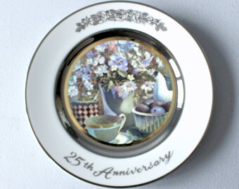 Porcelain 25th Anniversary Plate, Silver Inlay, Vintage  Made in Japan