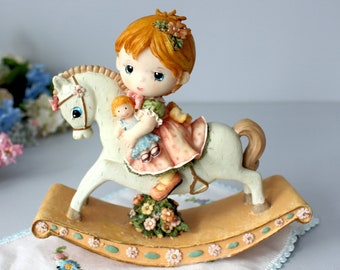 Rocking Horse Figurine and Girl with Doll, Vintage Nursery Decor