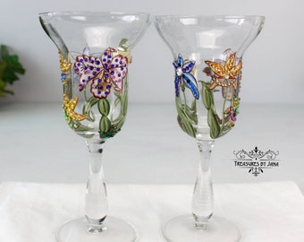 Botanical Garden Optical Goblets, Iris Hand Painted Tulip Shaped Glasses, Crystals, Extra Large Wine/Water/Iced Tea Crystal Glass, 8.5” Tall