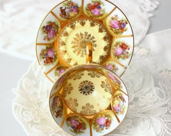 Antique BAVARIA Demitasse Teacup & Saucer, Fragonard Style Hand-Painted, Germany