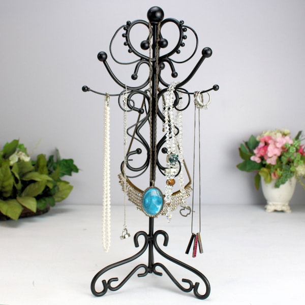 Black Metal Jewelry Tree 17" Stand Long Necklaces Holder, Wrought Iron Gothic Style, Tall Jewelry Organizer Vintage Tabletop Vanity, For Her