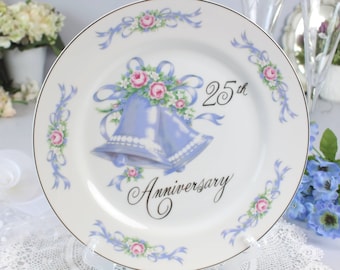 25th Anniversary Plate, Fine Bone China, Blue Bells Roses Design, Vintage Japan