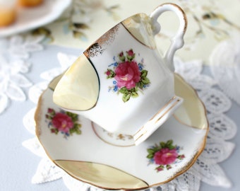 Antique Demitasse Cup n Saucer, Small Teacup, Lusterware Japan, HandPainted, Gold & Pink Roses, Coffee Cup, Breakfast in Bed, Vintage  China