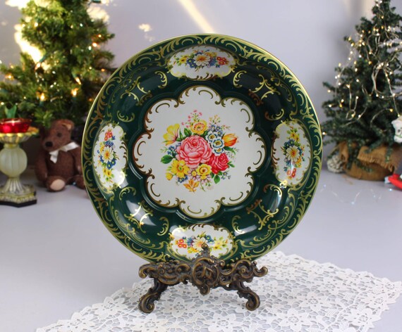 Vintage Daher Tin Plate Green Gold Floral Tray, England 1971