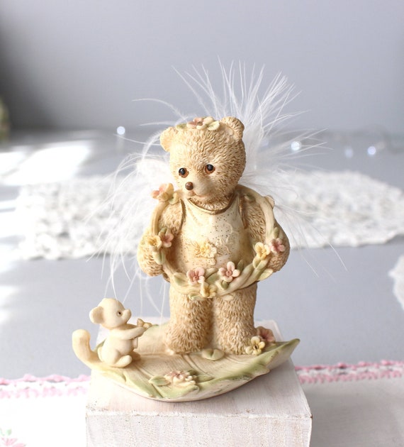 Ángel oso vintage, pequeña figura de Enesco, oso de peluche y