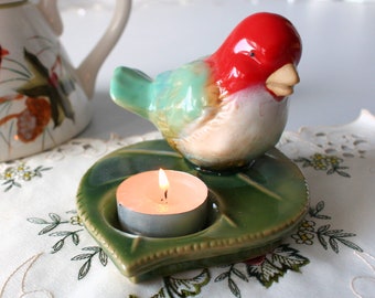 Ceramic Bird Tealight or Jewelry Holder: Vintage Green Finch Decor