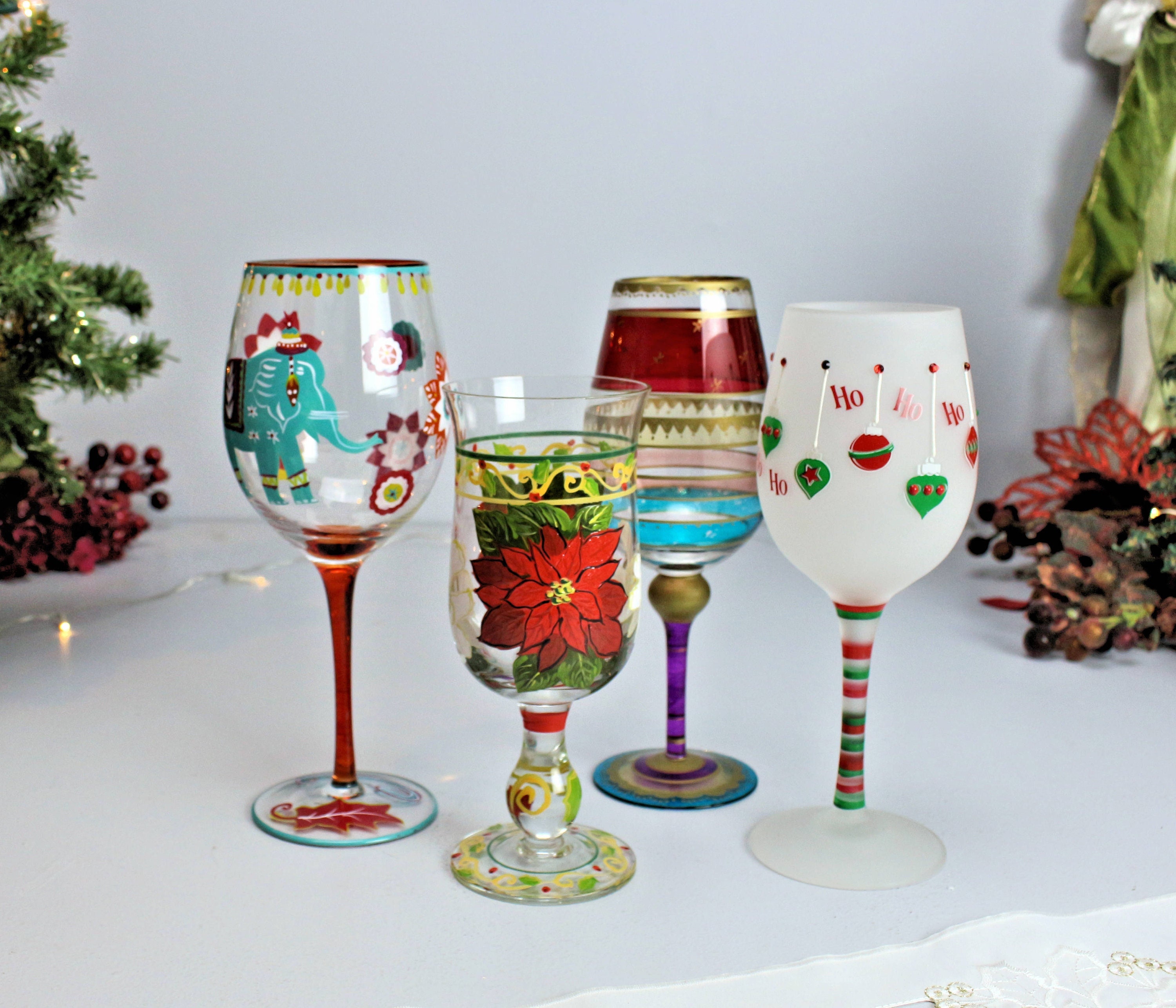 Christmas Wine Glasses Hand Painted Elves and Wine Glass Charms Set of 2,  Holiday Tableware, Christmas Decor 