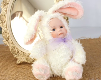 GEPPEDDO Doll Porcelain Face Plush Baby Bunny White Bunny Pink Ears Blue Eyes Soft Toy cuddle Kids Collectible Doll Gift Idea 8.5 Etsy