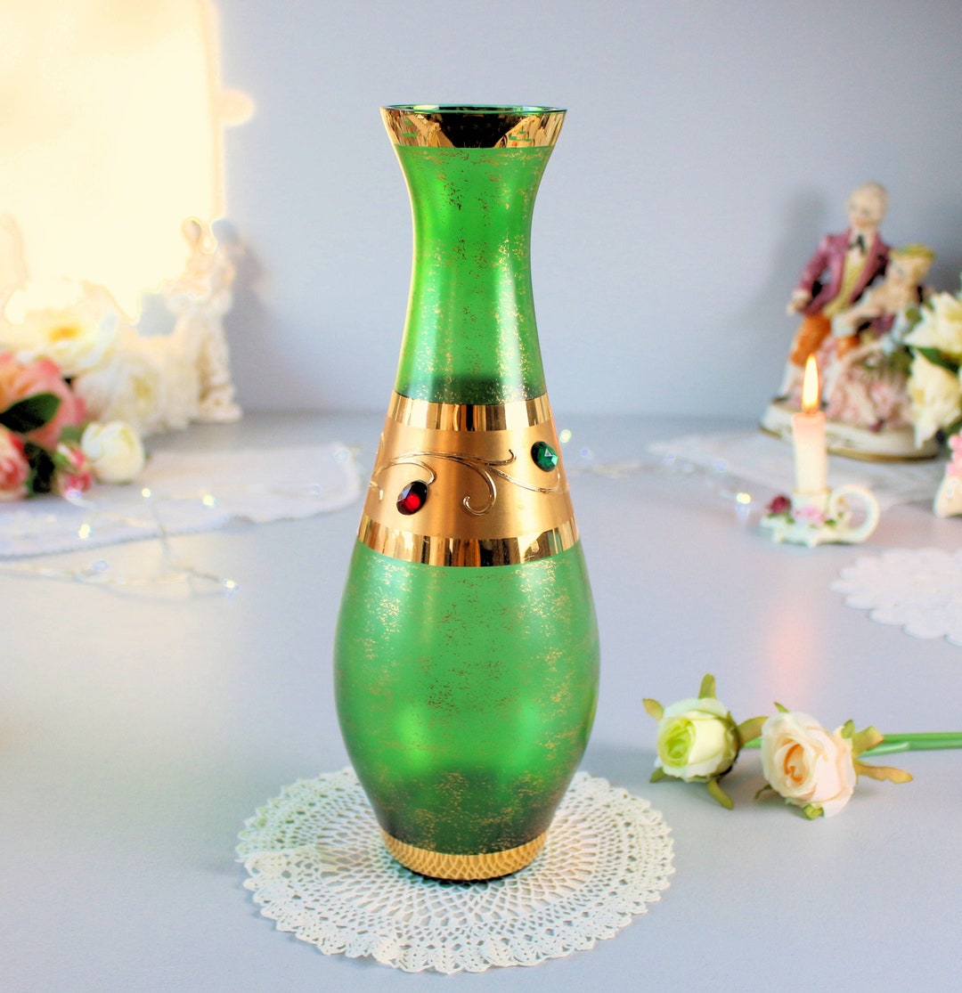 Emerald Green Tall Vase, Gold Gilding & Rhinestones, Vintage