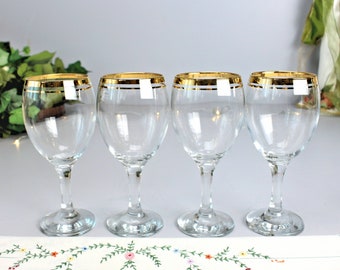 GURALLAR Wine Glasses, Set of 4, 24Kt Gold & Clear Long Stem Glasses, Double Gold Band, Wedding, Anniversary, Vintage Artcraft Atlantica