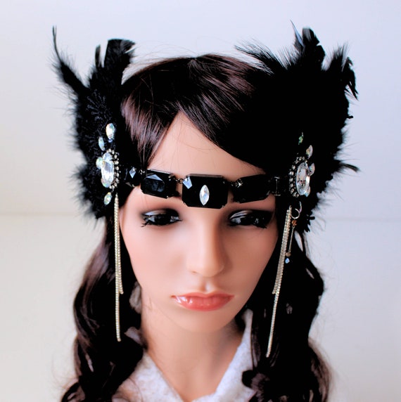 Black Feather Rhinestone Headband: Vintage Gatsby Flapper  display picture 1