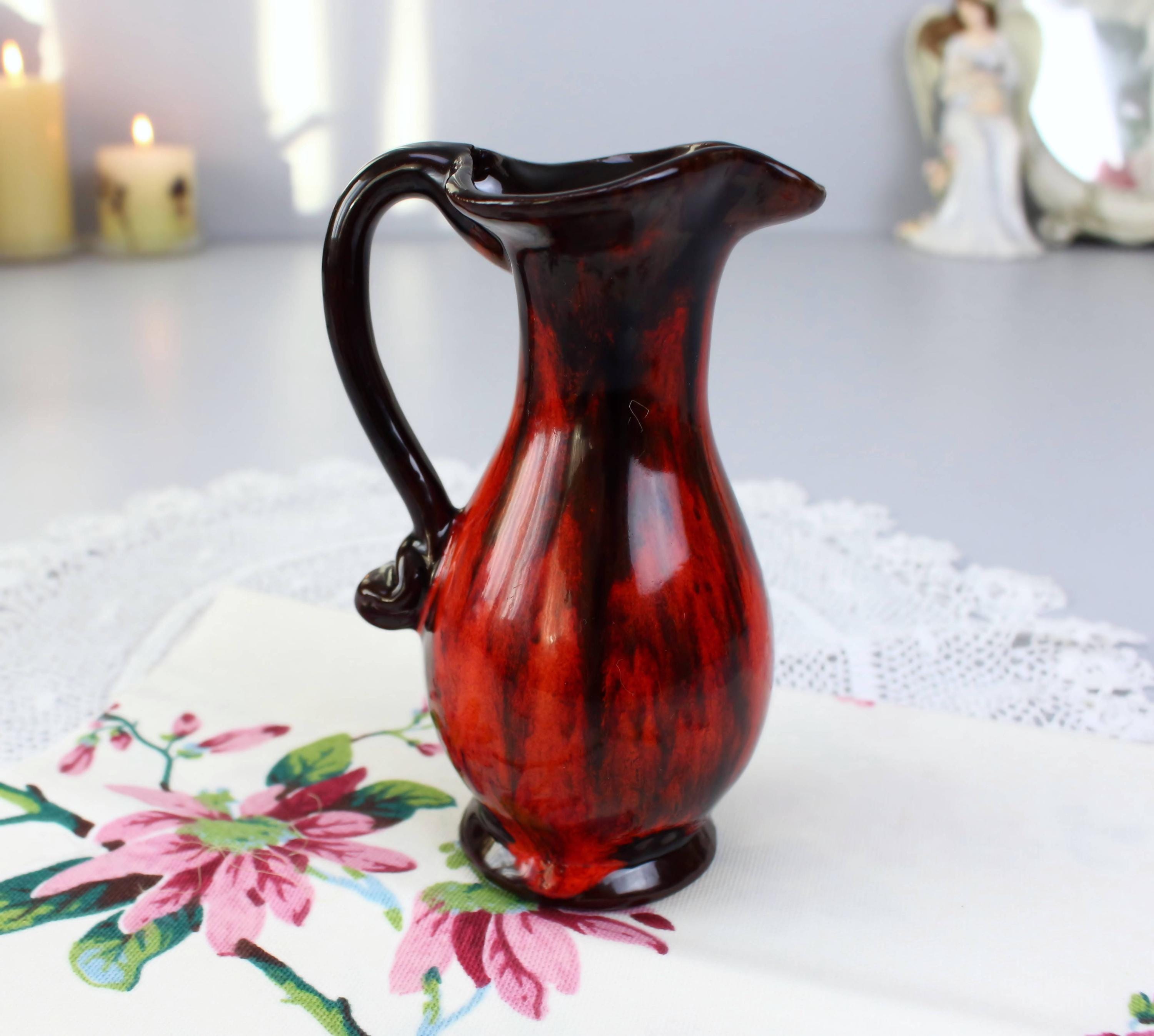 RED EVANGELINE CANUCK Pottery Pitcher: Red Brown Drip Glaze