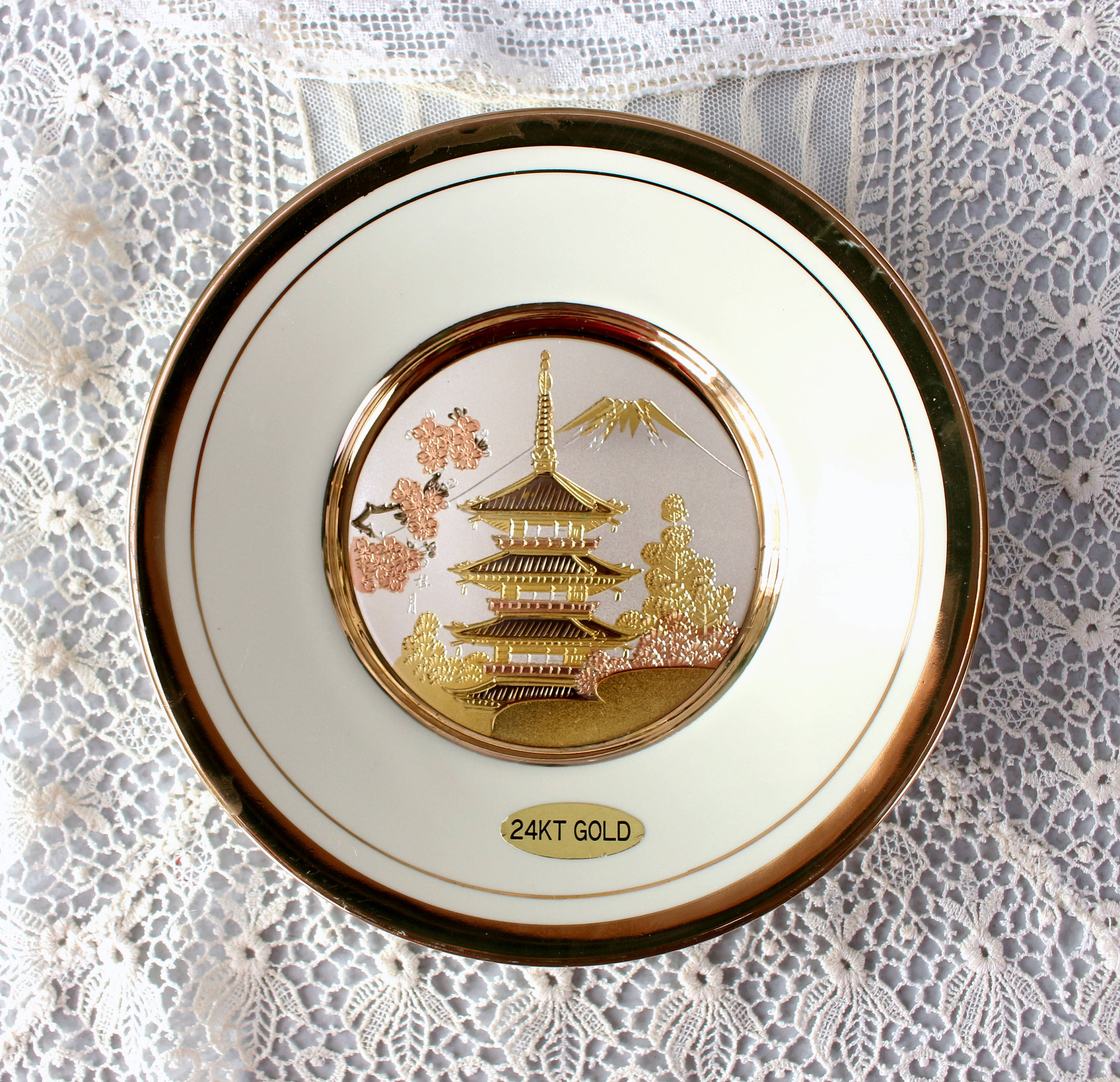 THE ART of CHOKIN Plate, 24KT Gold Temple, Engraved Ceramic, Japan