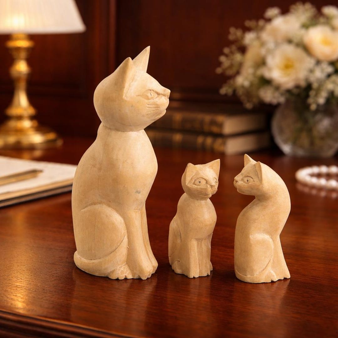 Vintage Hand Carved 3 Wooden Cat Figurines, Unpainted Mother and