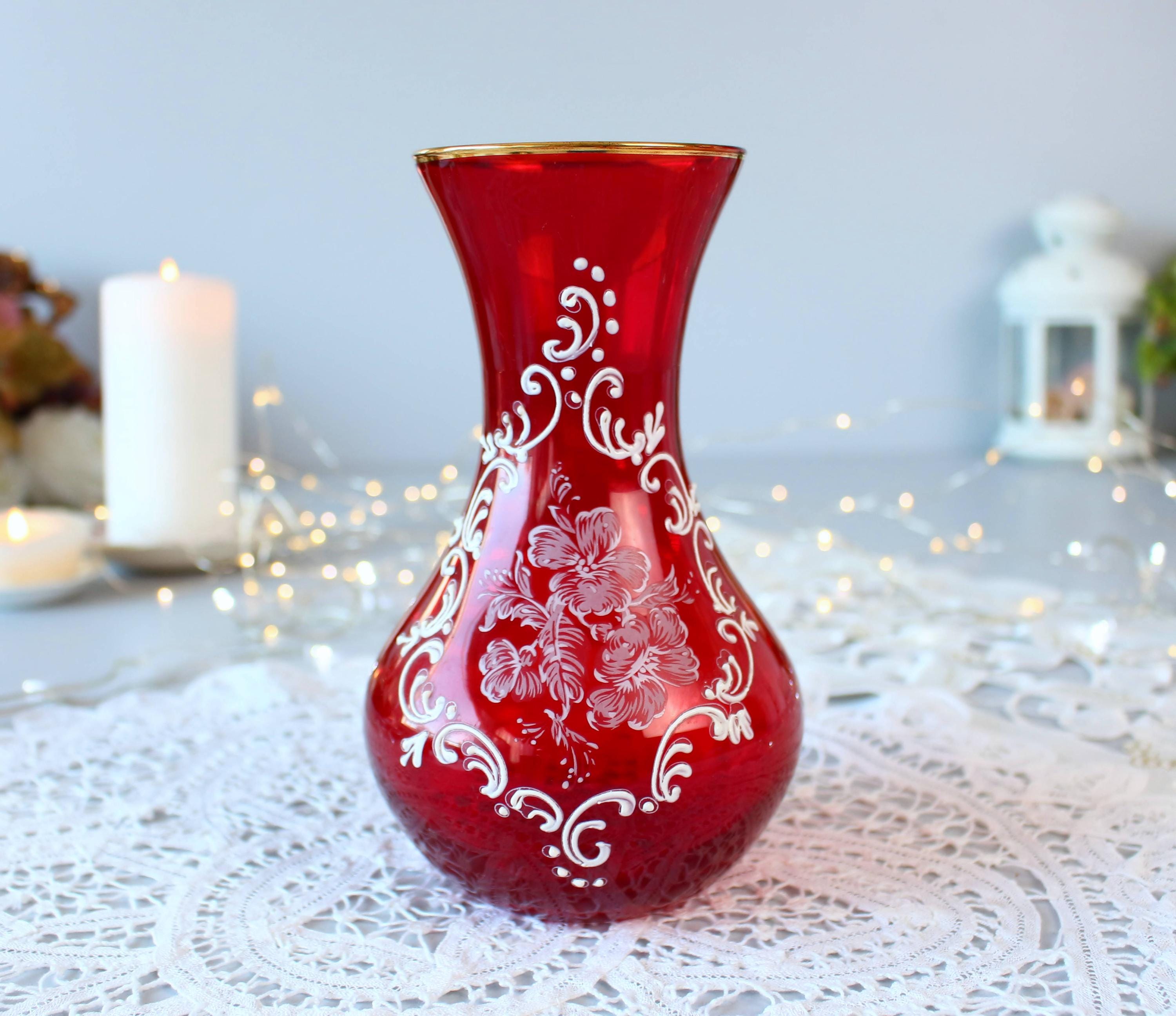 Vintage VENETIAN RED VASE : Hand Painted Floral Enamel, Gold Rim