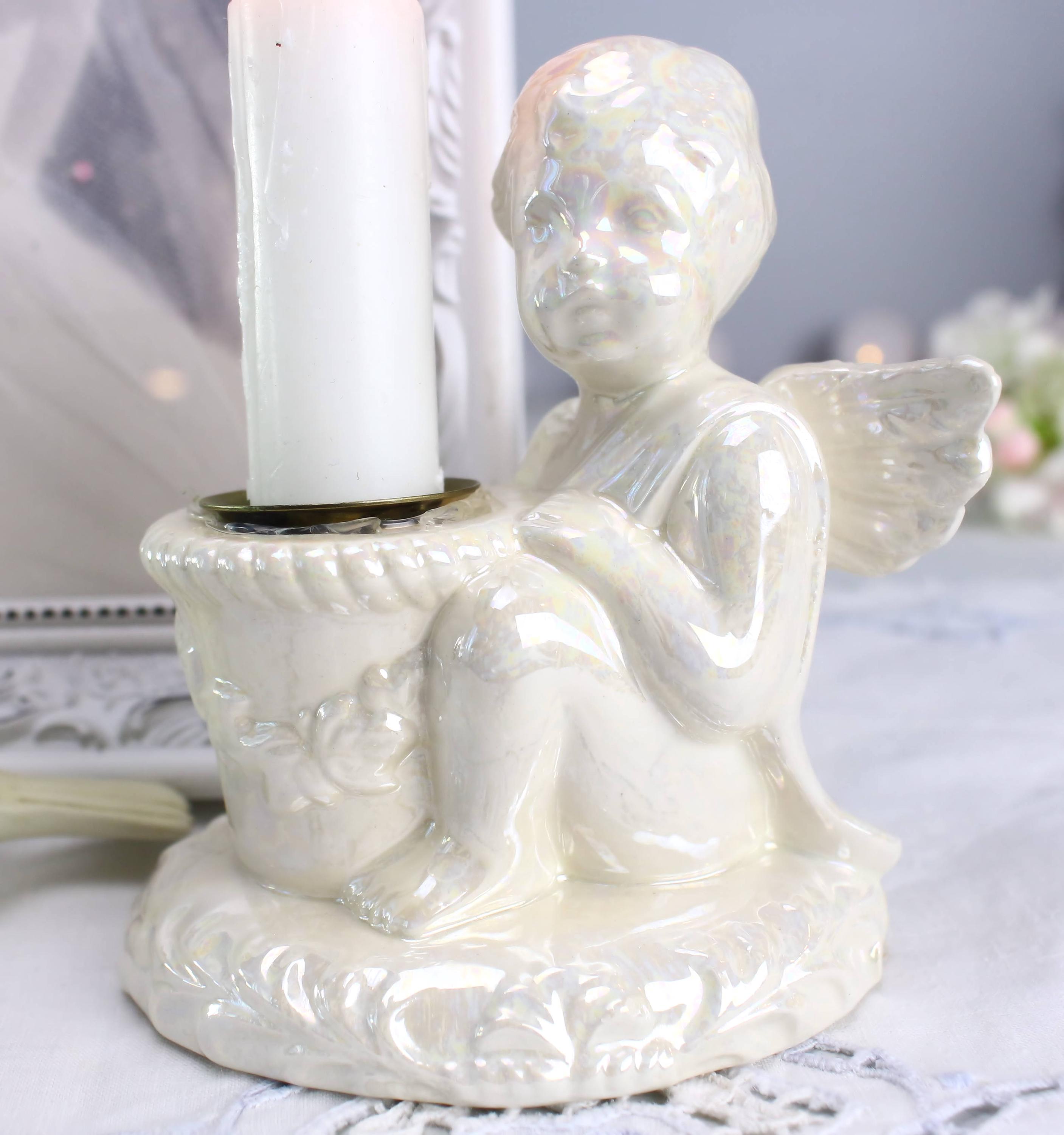 Vintage Handmade Porcelain Angel Candle Holder, Iridescent Cherub