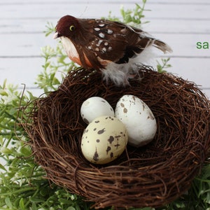 May include: A brown and white bird figurine sits in a brown woven nest with three speckled eggs. The nest is surrounded by green leafy plants.