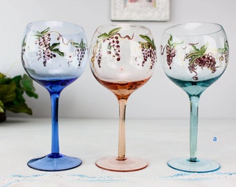 手描きヴィンテージワイングラス：ブドウの葉と花柄、4個セット - Etsy