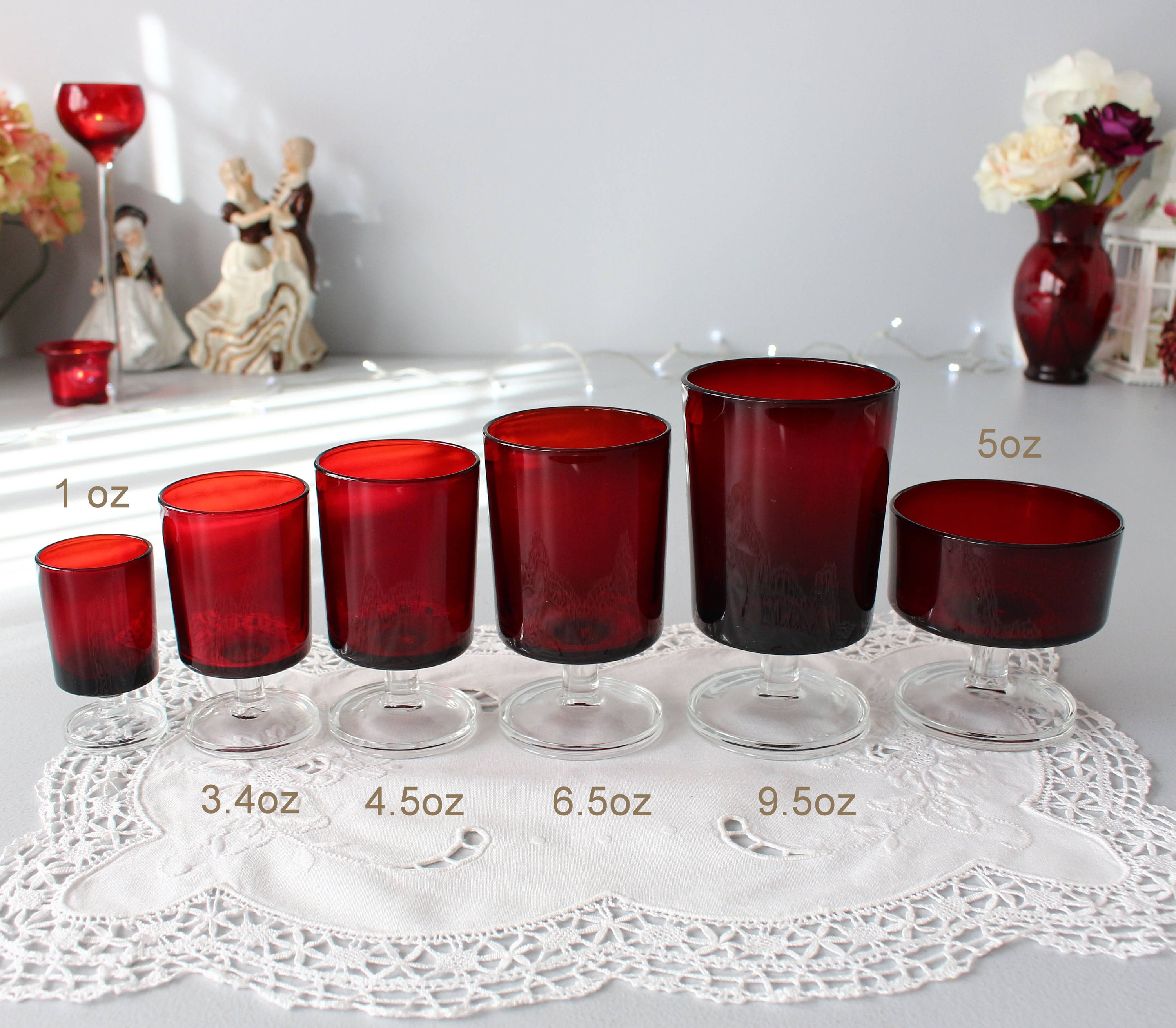 6 Vintage Ruby Red Stem Wine Glass Luminarc Christmas Holiday 