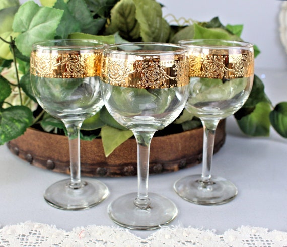 Wine Glasses, CULVER TYROL, Crystal Glasses, Signed 22K Gold Band,  Encrusted Wide Trim Small Classic Glasses Made USA, Beautiful Replacement 