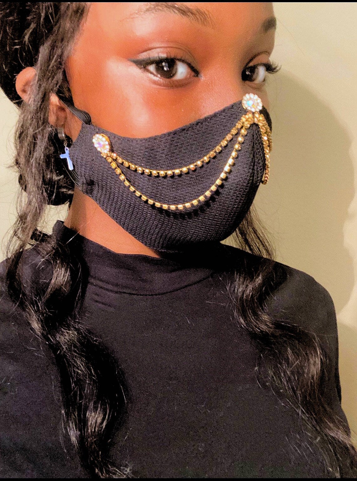 Fancy Face Mask Rave Black Gold Iridescent Rhinestones Etsy