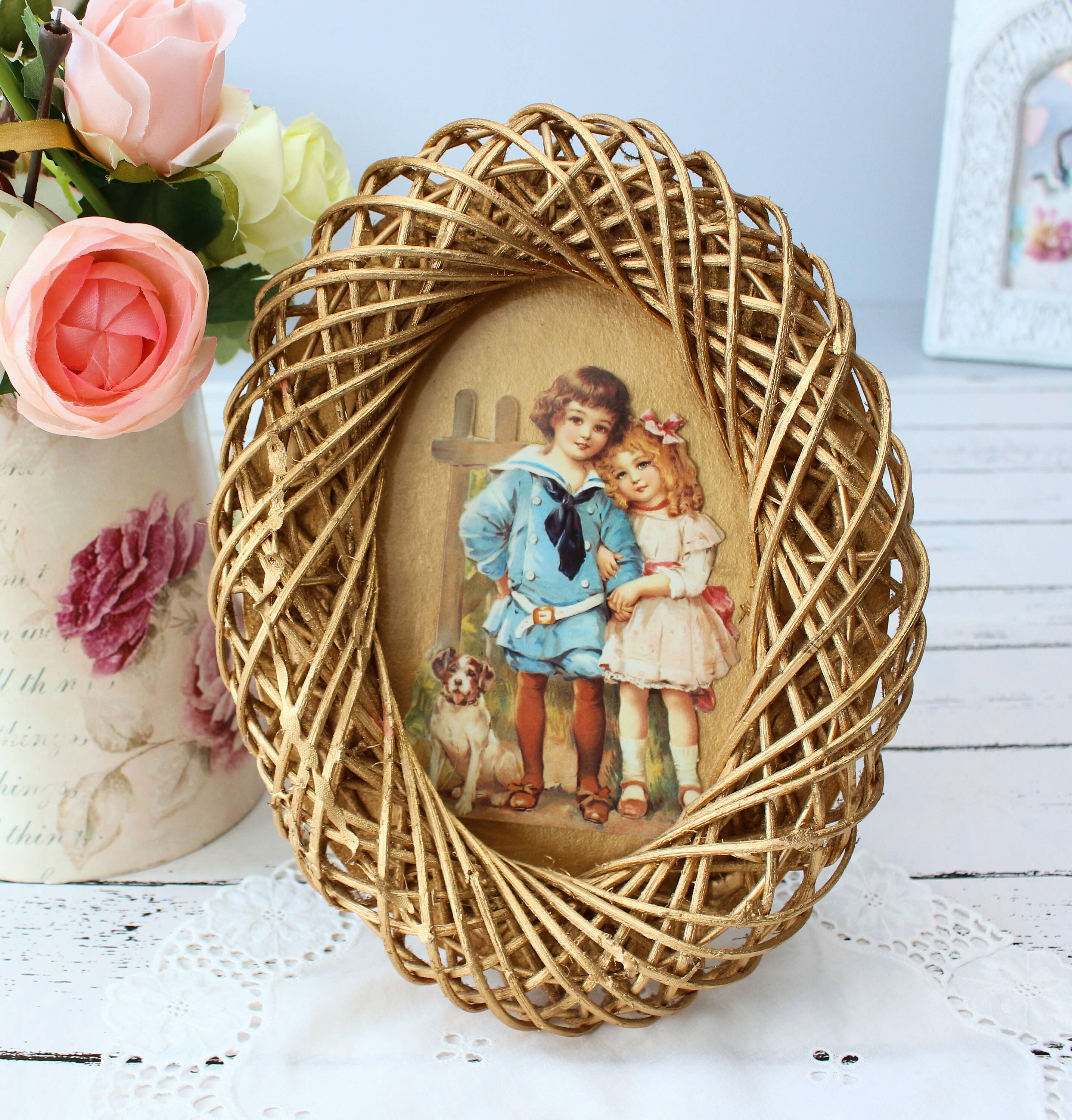 Wicker Picture Frame Vintage Gold Frame W Glass Victorian Etsy