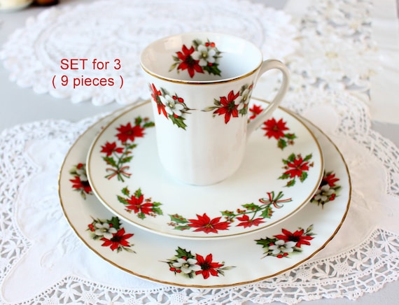 Vintage EMPERIAL CROWN Weihnachtsstern Geschirr Set, Feine Porzellan Teller  Tassen, Set fr 3 - Etsy.de