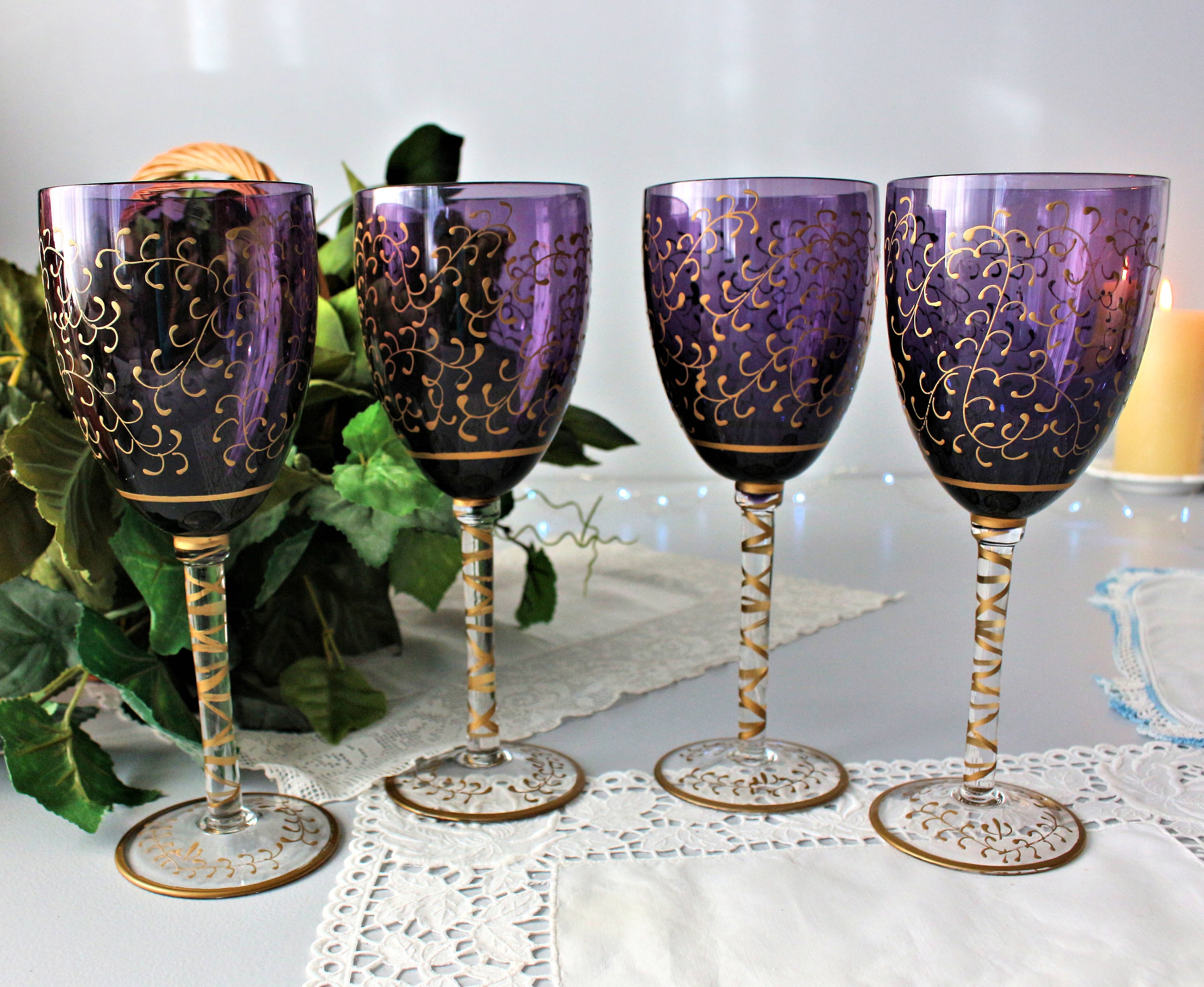 2 Purple flower hand painted martini glasses, spring martini glass