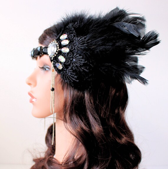 Black Feather Rhinestone Headband: Vintage Gatsby Flapper  display picture 2