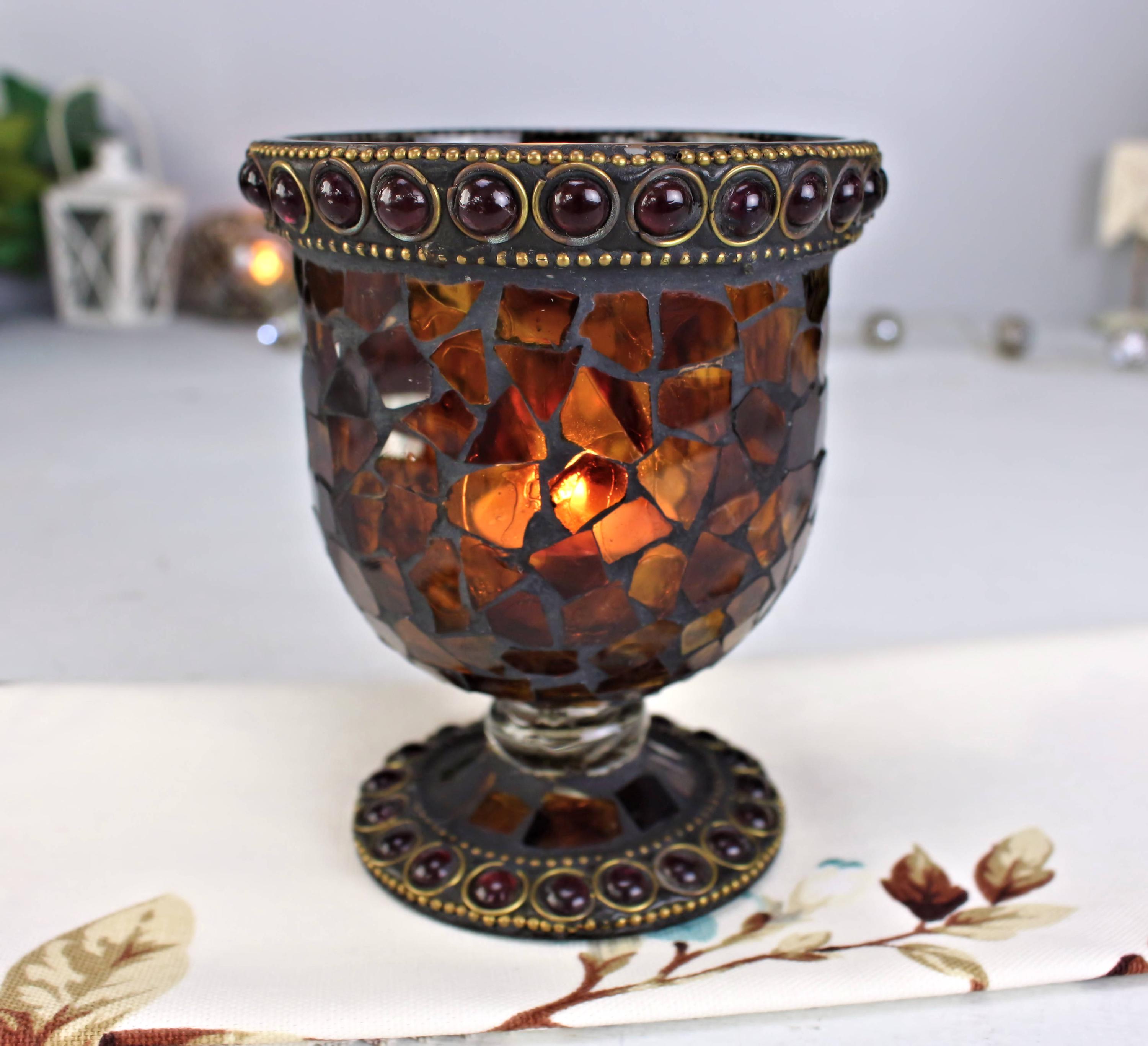 PARTYLITE Global Fusion Hurricane Mosaik Kerzenhalter, 5 ”kleines Vintage Braunes Glas, Geburtstag Mutter Tag Romantisches Abendessen, Geschenk, Perfekt